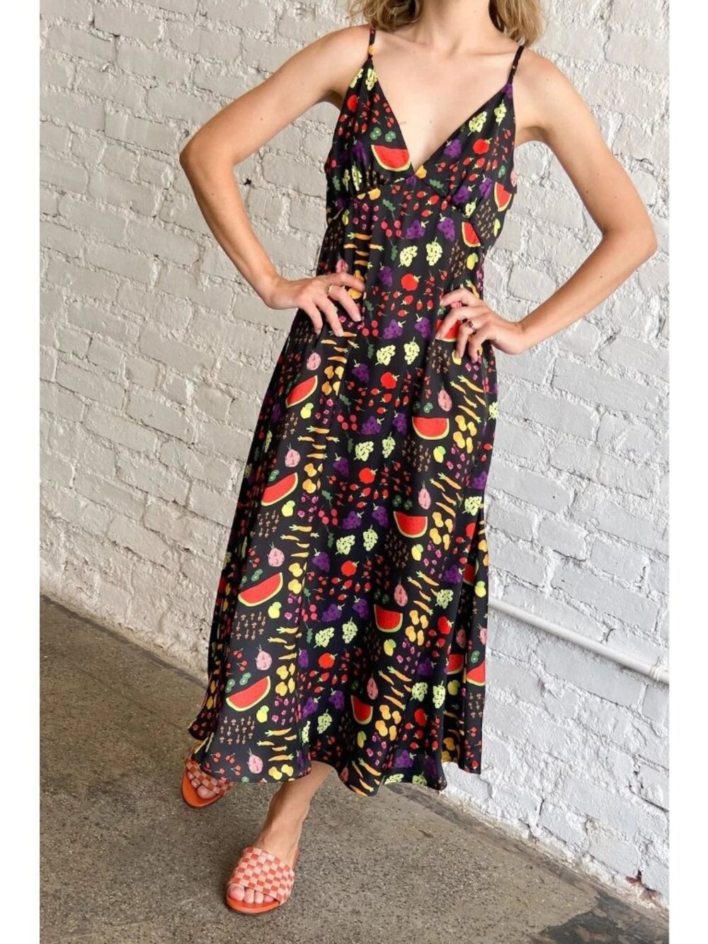 Lisa Says Gah Black Fruit-Print Midi Dress with Multicolor Motif